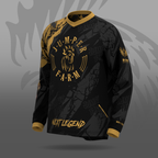 Black and gold long-sleeve jersey shirt with 'Jumper Farm' branding on a gray background