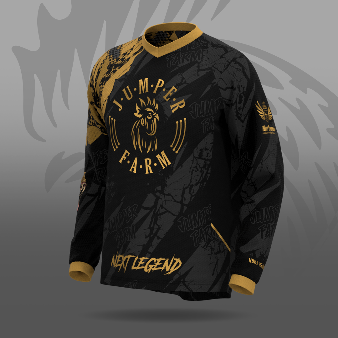 Black and gold long-sleeve jersey shirt with 'Jumper Farm' branding on a gray background