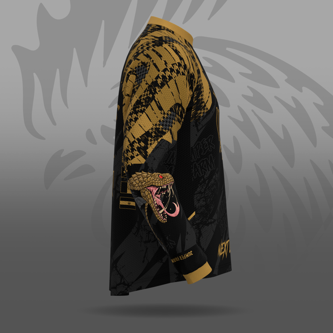 Black and gold jersey shirt with snake design on a gray background